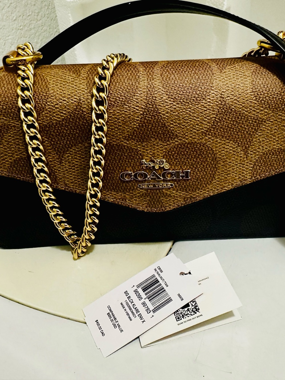 Coach Two-Tone Signature Chain Shoulder Bag in Brown and Black